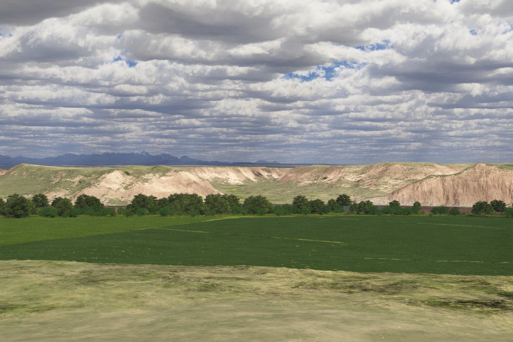 This is a view from the simulated scene. Clouds, hillside, plants, all simulated by computer using actual USGS elevation data.