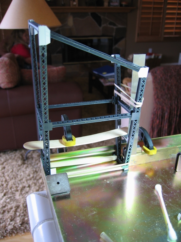 The bent assembly requires all kinds of jerry-rigging to assure squareness and tightness of the joint. The irregular shapes of the custom height bents only adds to what is already probably the hardest step in the ME model assembly.
