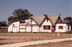 This unusual structure appears to be an old service station. It is located in Big Sandy, MT.